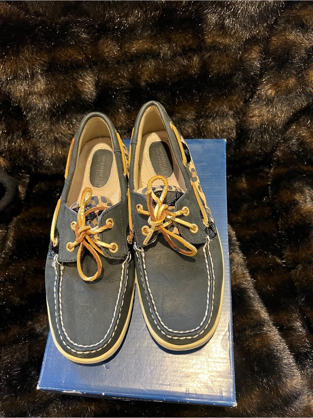 Sperry Navy Blue & Tan Leopard Trim Boat Shoes